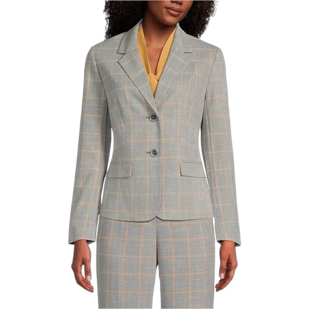 KASPER Plaid Notch Lapel Long Sleeve Flap Pocket Coordinating Two Button Jacket